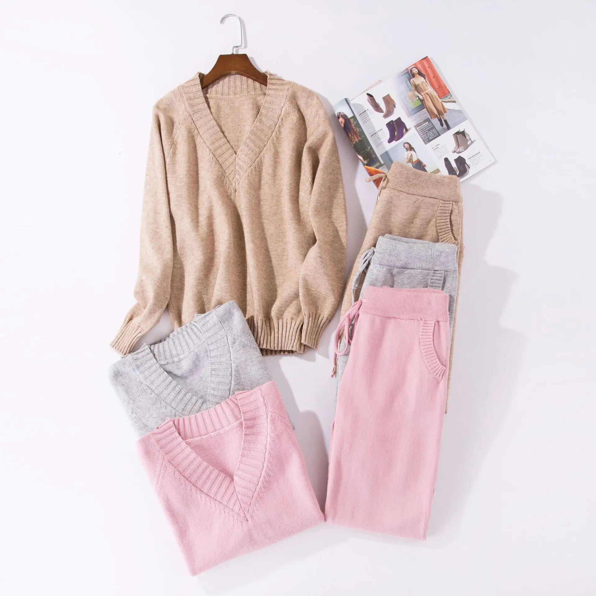 Women's V-Neck Sweater and Pants Knitted Set 2020