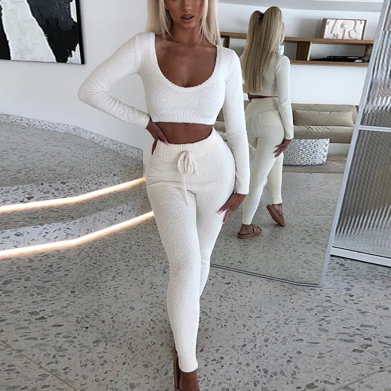 2020 Fashionable Cropped Sweater and Pants Set
