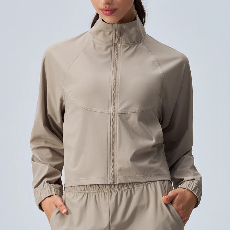 Women's Athletic Workout Running Track Full Zip Cropped Jackets UPF 50+ Sun Protection Long Sleeve Workout Shirts Yoga Gym Top