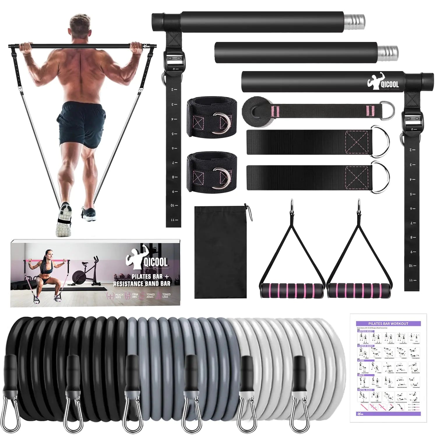 Pilates Bar Kit with Resistance BandsQicool Pilates Resistance Bands Exercise Fitness Equipment for Women & Men Home Gym Yoga Pilates (Black(20/30/50lbs))