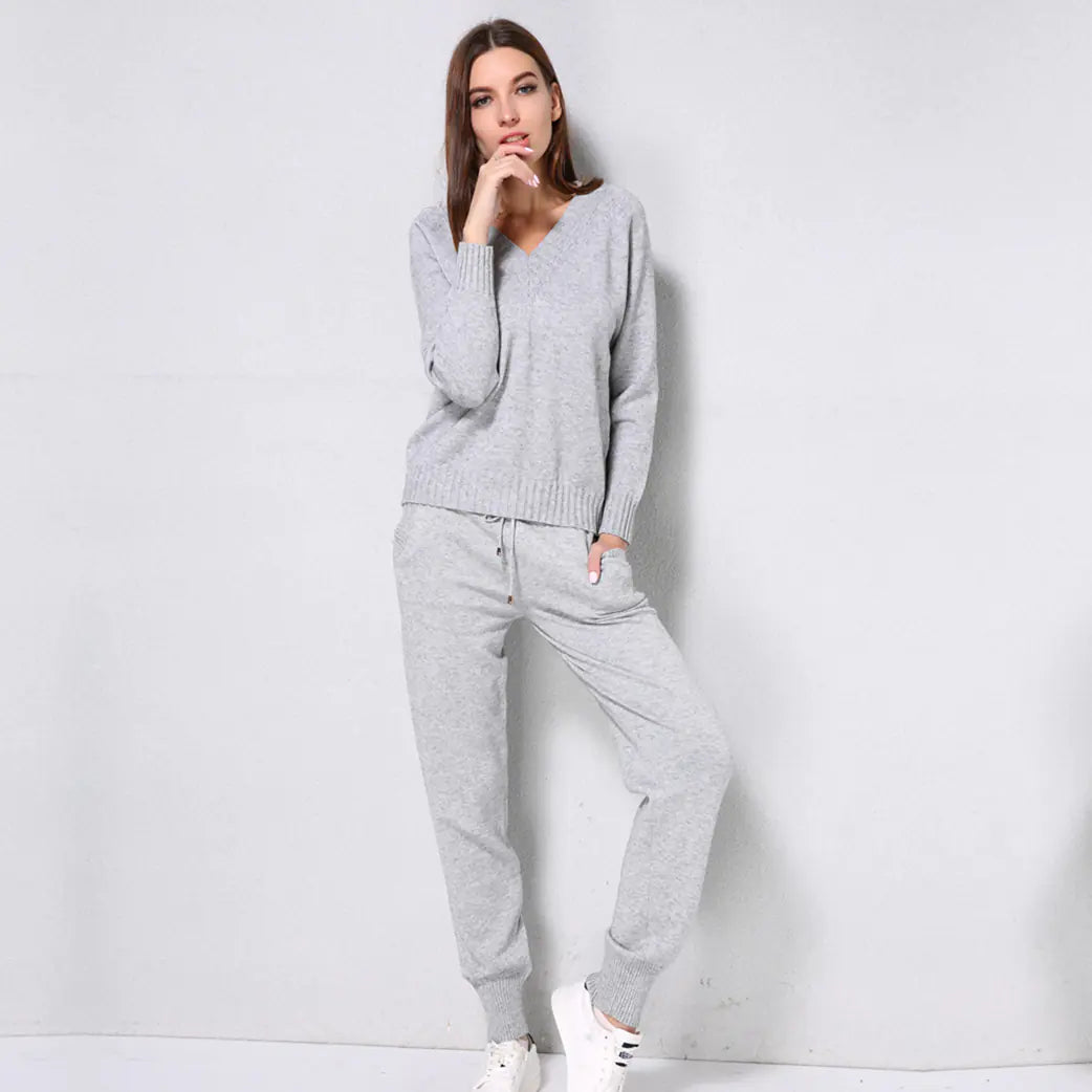 Women's V-Neck Sweater and Pants Knitted Set 2020