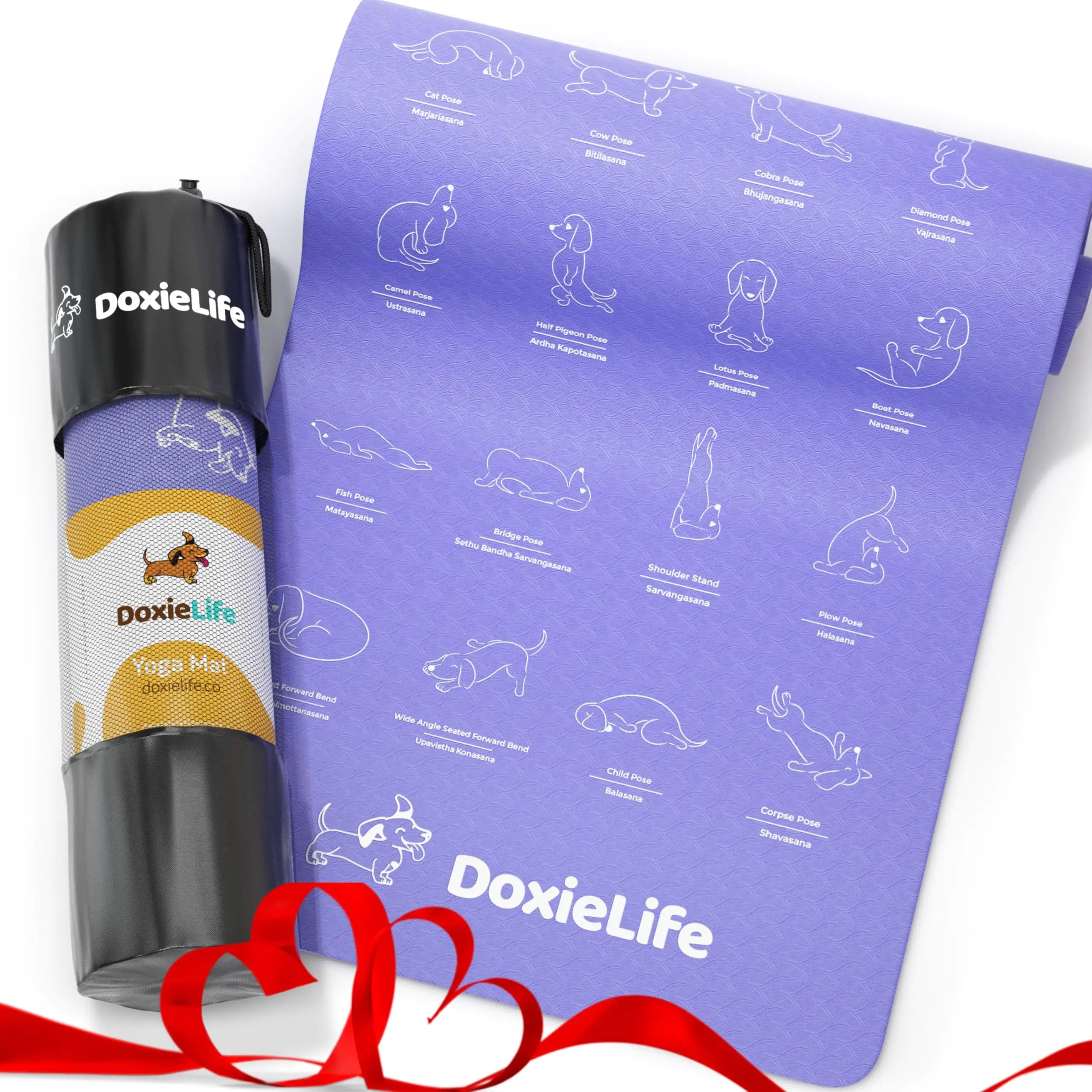 Dachshund Yoga Mat with Instructional Poses - Cute Purple Design with Carry Bag - Great Weiner Dog Gift - Portable 72 x 24 inch 6mm Non-Slip Yoga Mat for Kids and Women