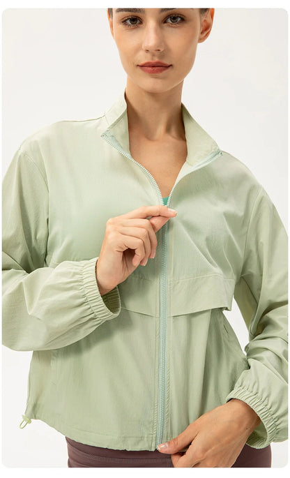 Women Loose Sports Wind Jacket Zip Up Stand Collar Lightweight Outdoor Yoga Running Fitness Workout Coat