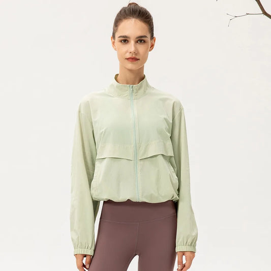 Women Loose Sports Wind Jacket Zip Up Stand Collar Lightweight Outdoor Yoga Running Fitness Workout Coat