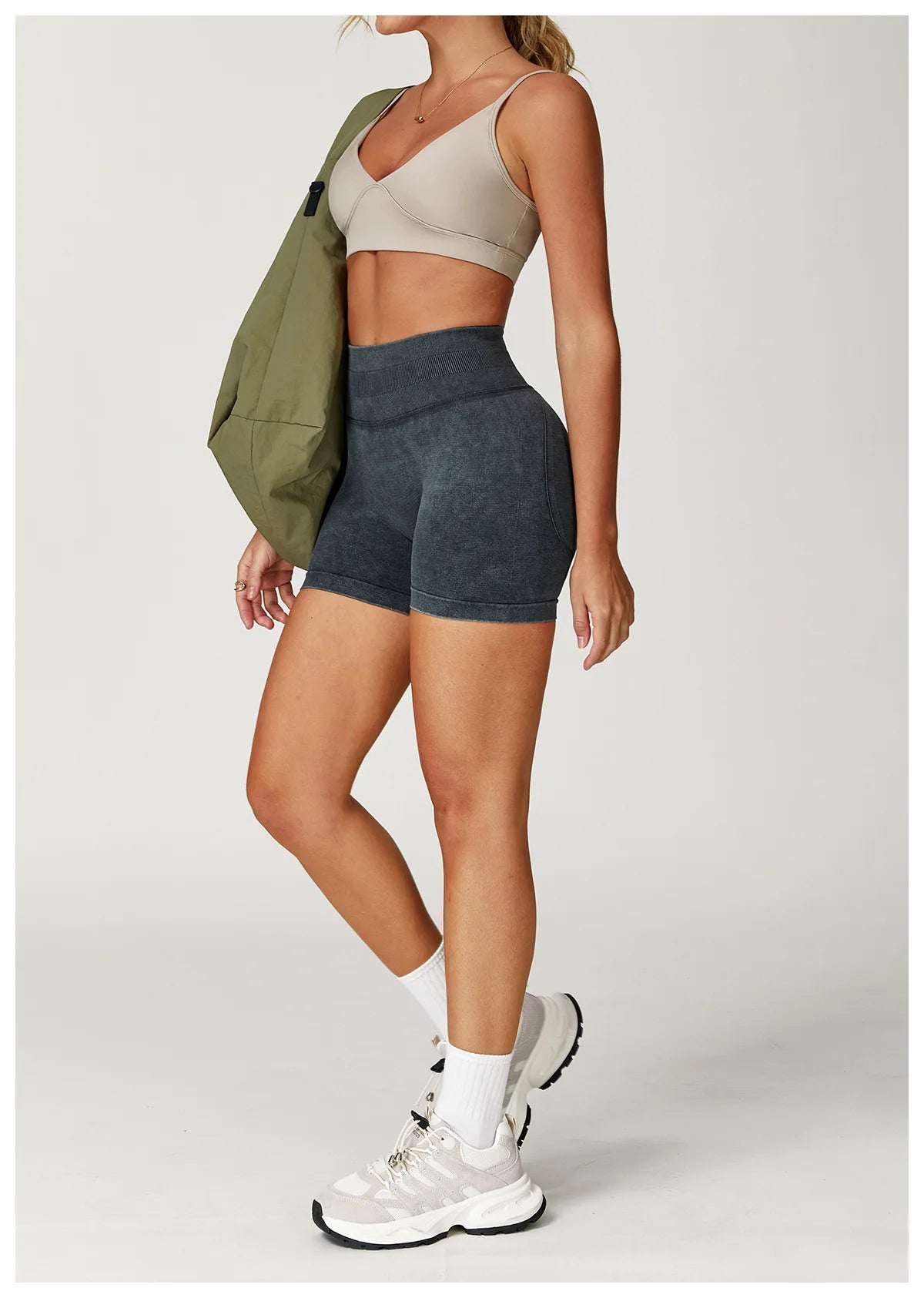 Women’s High Waist Sand Washed Gym Shorts – Sculpt & Lift Fit
