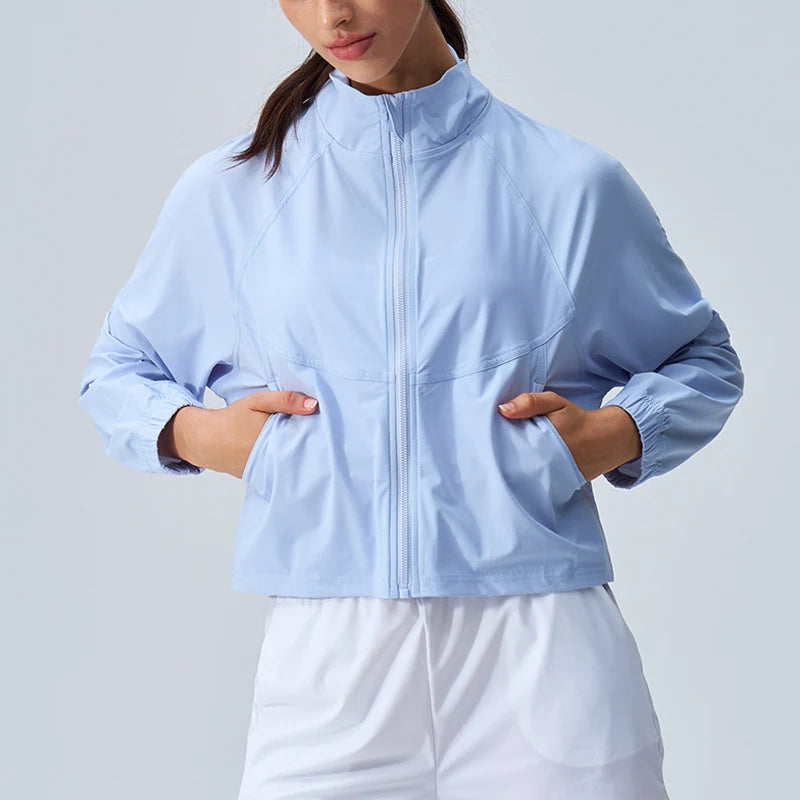 Women's Athletic Workout Running Track Full Zip Cropped Jackets UPF 50+ Sun Protection Long Sleeve Workout Shirts Yoga Gym Top