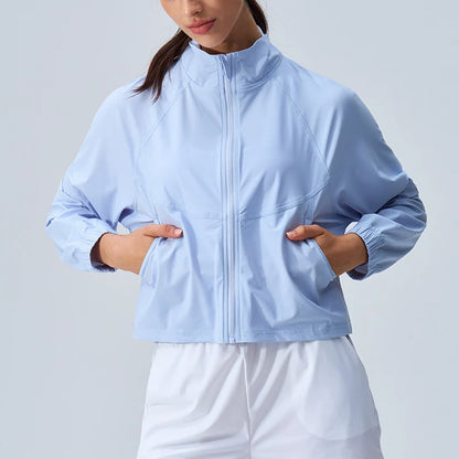 Women's Athletic Workout Running Track Full Zip Cropped Jackets UPF 50+ Sun Protection Long Sleeve Workout Shirts Yoga Gym Top