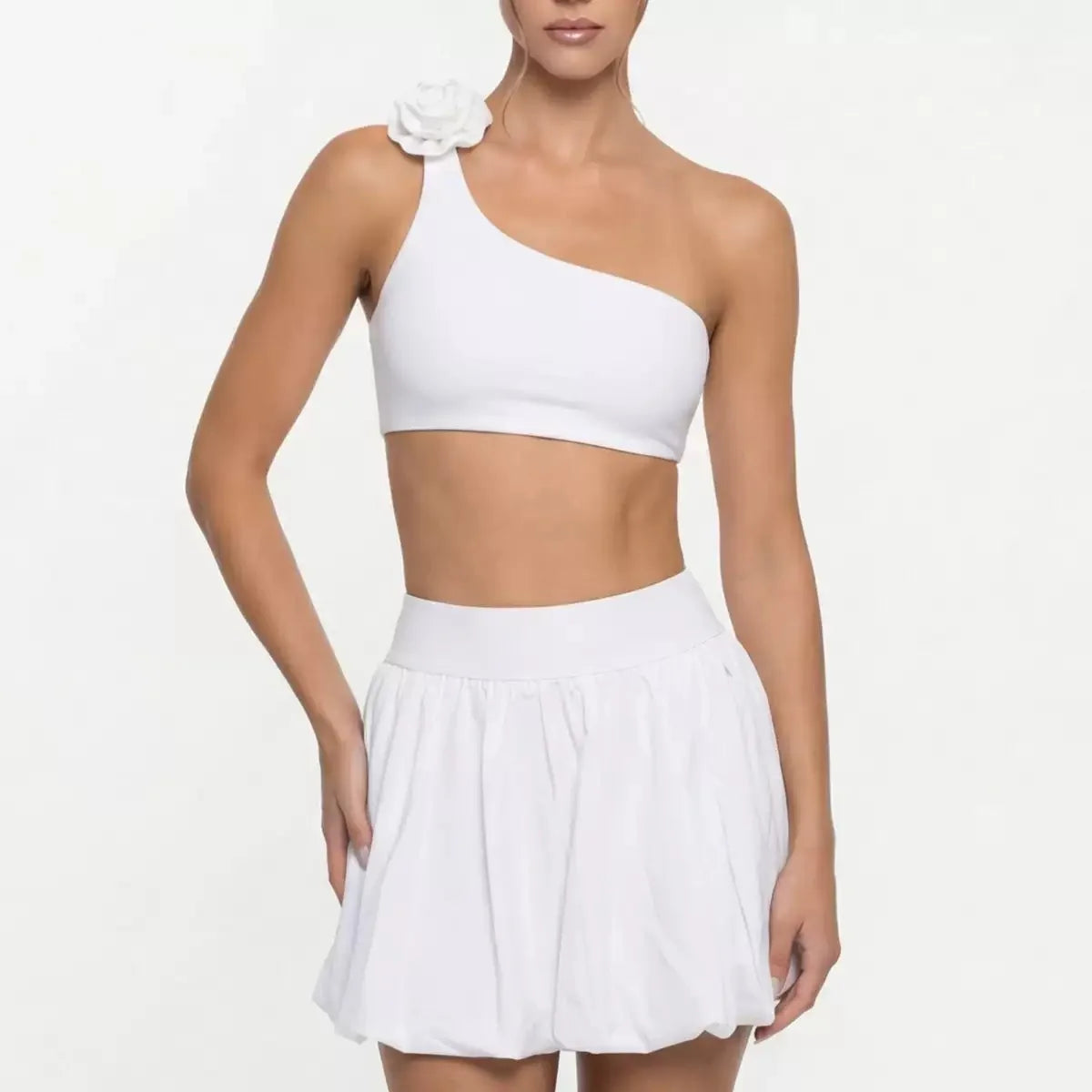 SculptFit One-Shoulder Sports Bra with 3D Floral Detail
