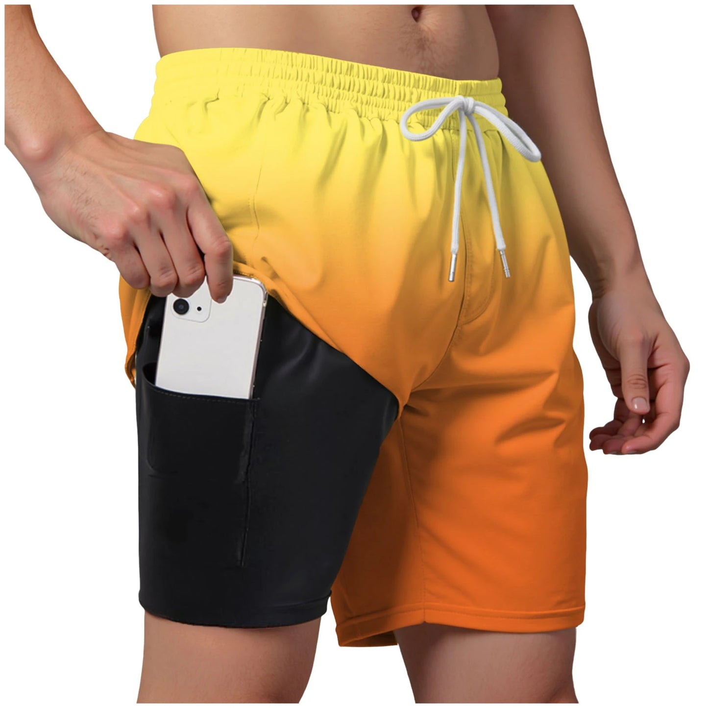 Men’s Double Layer Swim Trunks – Quick-Dry Gradient Shorts with Built-in Compression Liner
