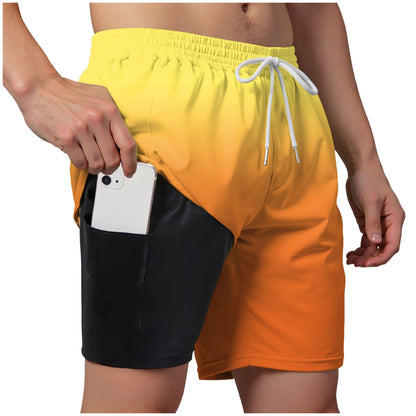 Men’s Double Layer Swim Trunks – Quick-Dry Gradient Shorts with Built-in Compression Liner