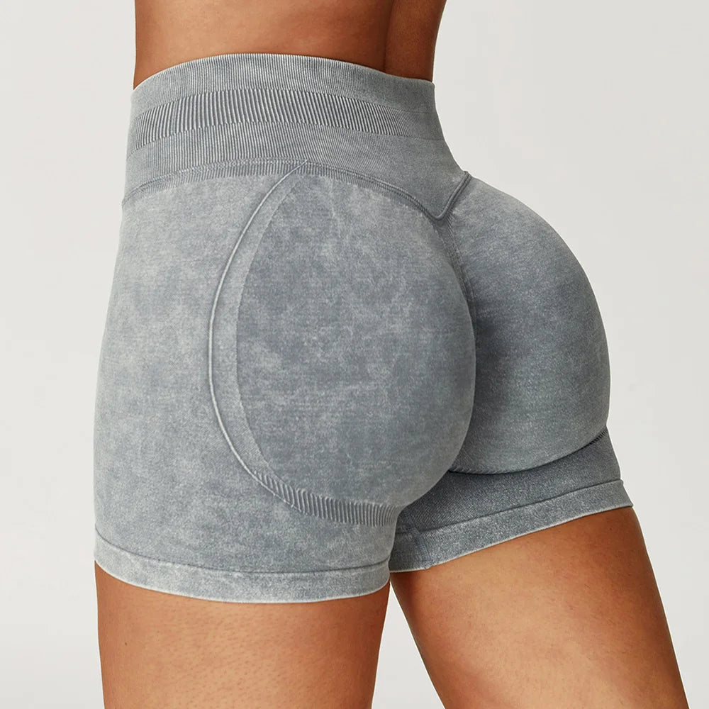 Women’s High Waist Sand Washed Gym Shorts – Sculpt & Lift Fit
