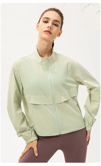 Women Loose Sports Wind Jacket Zip Up Stand Collar Lightweight Outdoor Yoga Running Fitness Workout Coat