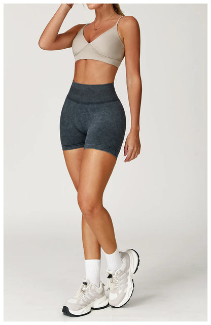 Women’s High Waist Sand Washed Gym Shorts – Sculpt & Lift Fit