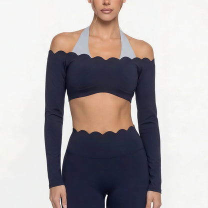 Women’s Lace Trim Yoga Set – Long Sleeve Crop Top & High Waist Leggings | Breathable Pilates & Workout Activewear