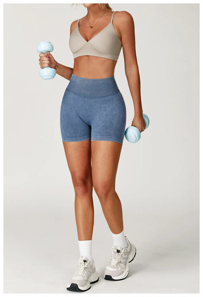 Women’s High Waist Sand Washed Gym Shorts – Sculpt & Lift Fit