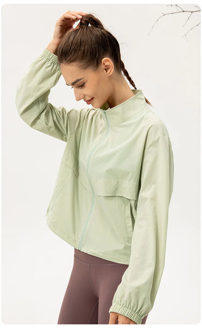Women Loose Sports Wind Jacket Zip Up Stand Collar Lightweight Outdoor Yoga Running Fitness Workout Coat