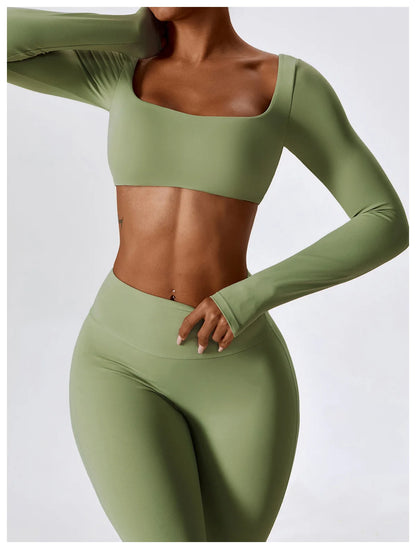 Women’s Seamless Activewear Set – Long Sleeve Crop Top & Sculpting Gym Leggings (2PCS)