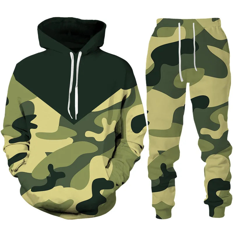 Men's Camouflage Hoodie Pant Suit 3D Print Hooded Sweatshirt Casual Outdoor Tracksuit Outfits Oversized Men's Clothing 2pcs Sets