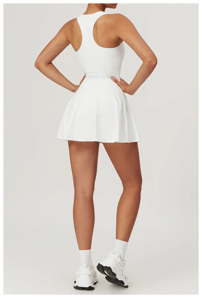 Women’s 2-in-1 Tennis Dress & Shorts Set – Sleeveless Half Zip Workout & Running Outfit