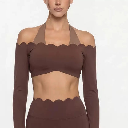 Women’s Lace Trim Yoga Set – Long Sleeve Crop Top & High Waist Leggings | Breathable Pilates & Workout Activewear