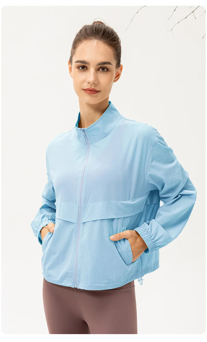 Women Loose Sports Wind Jacket Zip Up Stand Collar Lightweight Outdoor Yoga Running Fitness Workout Coat
