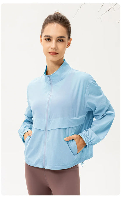 Women Loose Sports Wind Jacket Zip Up Stand Collar Lightweight Outdoor Yoga Running Fitness Workout Coat