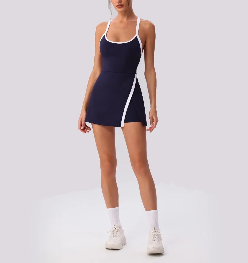 Women’s Golf & Tennis Sports Dress – Slim Fit Anti-Exposure Workout Dress with Open Back