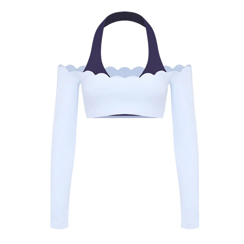 Women’s Lace Trim Yoga Set – Long Sleeve Crop Top & High Waist Leggings | Breathable Pilates & Workout Activewear