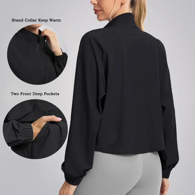 Women's Athletic Workout Running Track Full Zip Cropped Jackets UPF 50+ Sun Protection Long Sleeve Workout Shirts Yoga Gym Top
