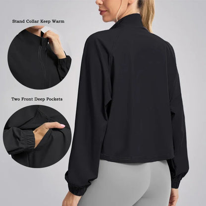 Women's Athletic Workout Running Track Full Zip Cropped Jackets UPF 50+ Sun Protection Long Sleeve Workout Shirts Yoga Gym Top