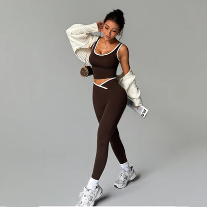 Gym Set Sports Two Pices Suit Fitness Vest Contrasting Color High Waist Leggings Sportswear Running Training Yoga Clothing