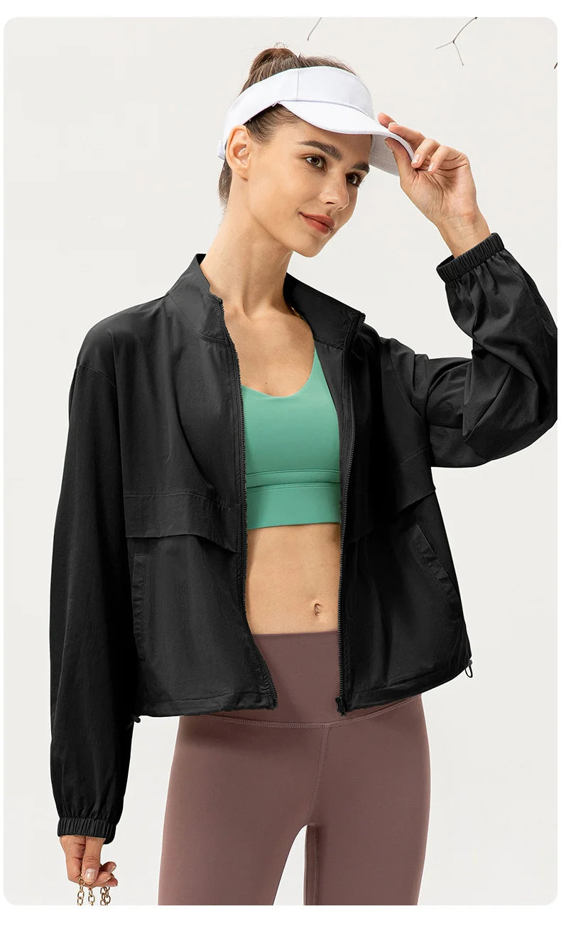 Women Loose Sports Wind Jacket Zip Up Stand Collar Lightweight Outdoor Yoga Running Fitness Workout Coat