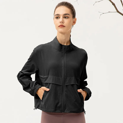 Women Loose Sports Wind Jacket Zip Up Stand Collar Lightweight Outdoor Yoga Running Fitness Workout Coat