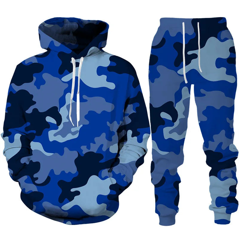 Men's Camouflage Hoodie Pant Suit 3D Print Hooded Sweatshirt Casual Outdoor Tracksuit Outfits Oversized Men's Clothing 2pcs Sets