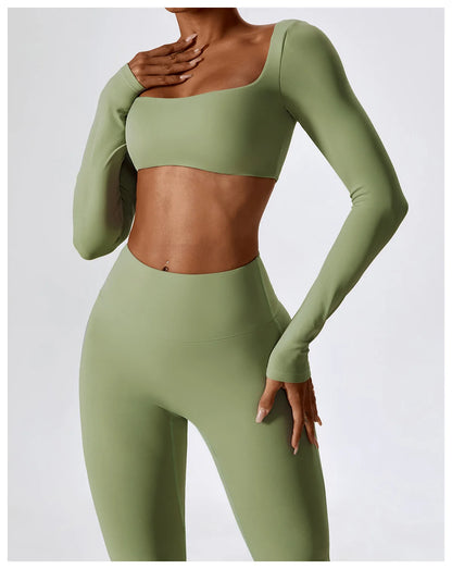 Women’s Seamless Activewear Set – Long Sleeve Crop Top & Sculpting Gym Leggings (2PCS)