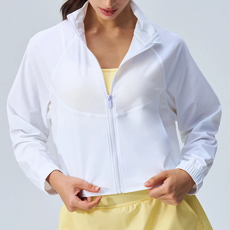 Women's Athletic Workout Running Track Full Zip Cropped Jackets UPF 50+ Sun Protection Long Sleeve Workout Shirts Yoga Gym Top