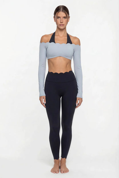 Women’s Lace Trim Yoga Set – Long Sleeve Crop Top & High Waist Leggings | Breathable Pilates & Workout Activewear