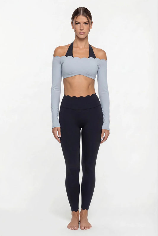 Women’s Lace Trim Yoga Set – Long Sleeve Crop Top & High Waist Leggings | Breathable Pilates & Workout Activewear
