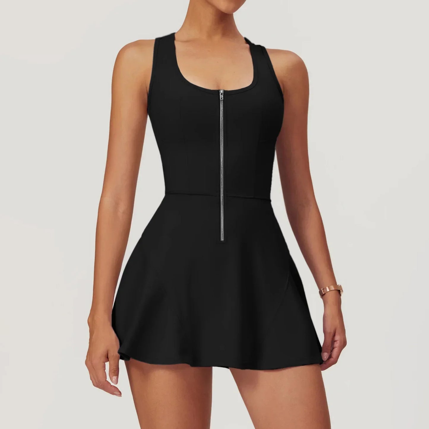 Women’s 2-in-1 Tennis Dress & Shorts Set – Sleeveless Half Zip Workout & Running Outfit