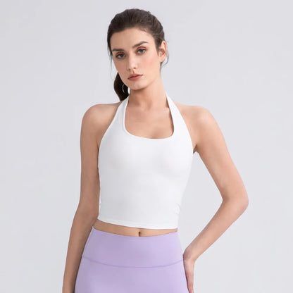 Women’s Halter Neck Backless Workout Tank with Built-In Bra – Seamless Yoga & Running Top