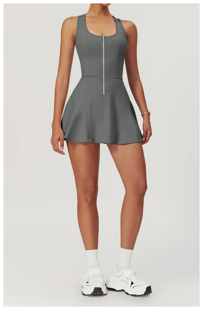 Women’s 2-in-1 Tennis Dress & Shorts Set – Sleeveless Half Zip Workout & Running Outfit