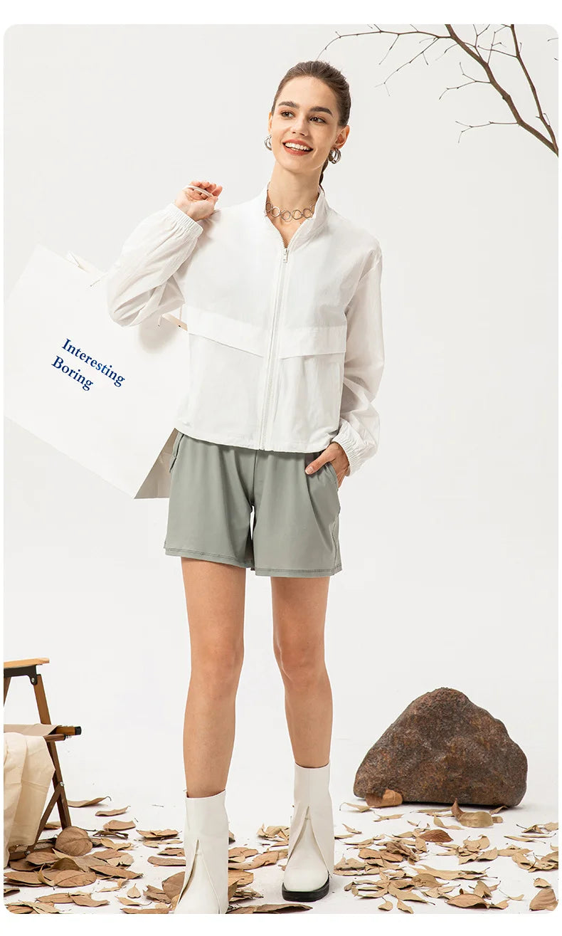 Women Loose Sports Wind Jacket Zip Up Stand Collar Lightweight Outdoor Yoga Running Fitness Workout Coat