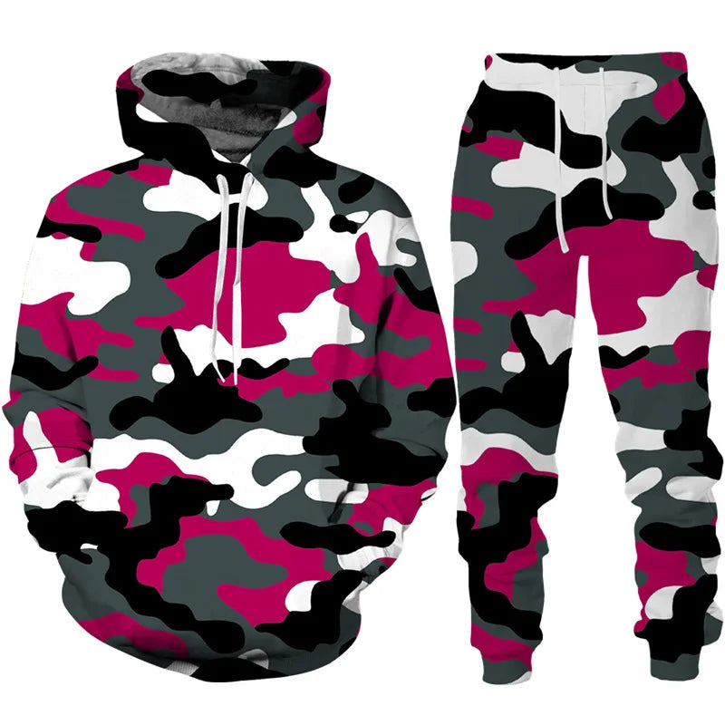 Men's Camouflage Hoodie Pant Suit 3D Print Hooded Sweatshirt Casual Outdoor Tracksuit Outfits Oversized Men's Clothing 2pcs Sets