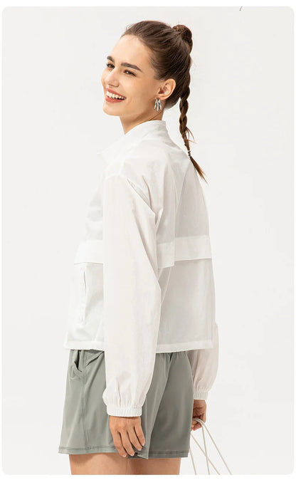 Women Loose Sports Wind Jacket Zip Up Stand Collar Lightweight Outdoor Yoga Running Fitness Workout Coat