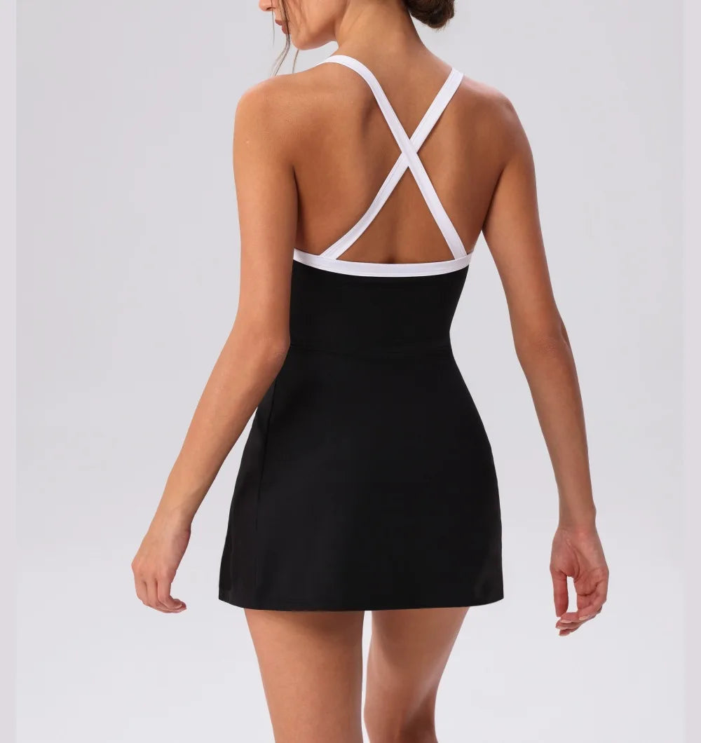 Women’s Golf & Tennis Sports Dress – Slim Fit Anti-Exposure Workout Dress with Open Back