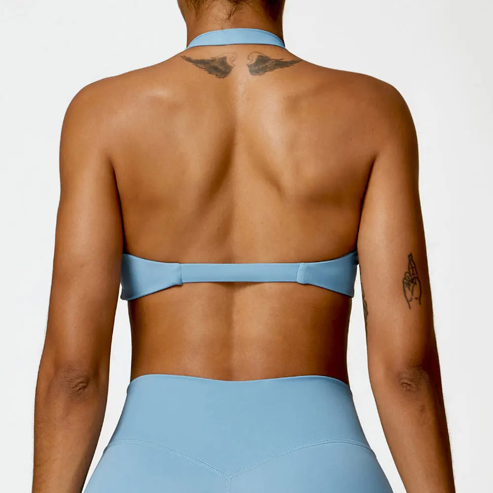 SculptFit Halter Sports Bra – Open Back Push-Up Gym Top
