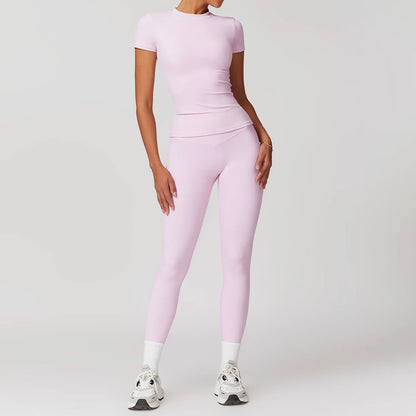Seamless Women’s Yoga Set – Short Sleeve Top & Sculpting High-Waist Leggings Activewear