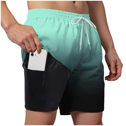 Men’s Double Layer Swim Trunks – Quick-Dry Gradient Shorts with Built-in Compression Liner