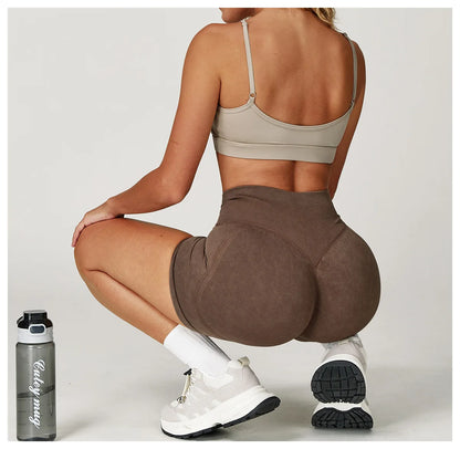 Women’s High Waist Sand Washed Gym Shorts – Sculpt & Lift Fit