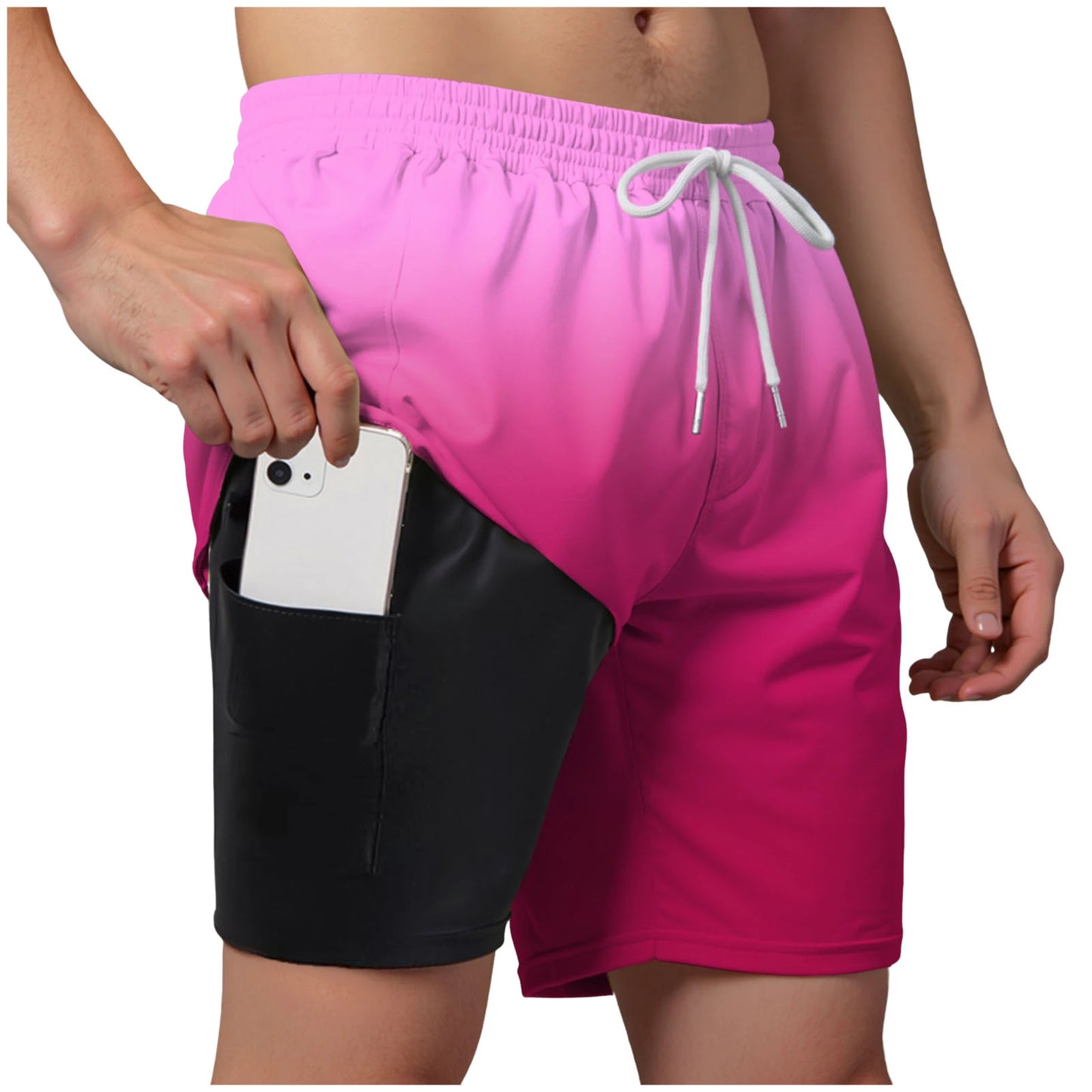 Men’s Double Layer Swim Trunks – Quick-Dry Gradient Shorts with Built-in Compression Liner